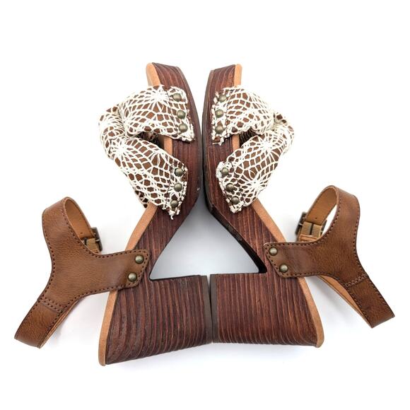 Korks Natalia Knot Sandal Crochet Platform Heel Women’s Tan/White Size US8 EU39 - Picture 6 of 12